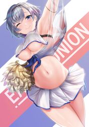  1girl absurdres arm_up azur_lane bare_shoulders black_bra black_headband blue_background blush bra breasts cheerleader commentary_request crop_top eyebrows_visible_through_hair gradient gradient_background grey_hair hair_between_eyes hair_ornament hairband headband highres large_breasts looking_at_viewer midriff miniskirt navel one_eye_closed pom_poms rama_(yu-light8) red_background reno_(azur_lane) reno_(biggest_little_cheerleader)_(azur_lane) see-through shirt short_hair skirt sleeveless smile solo under_boob underwear violet_eyes white_background white_skirt 