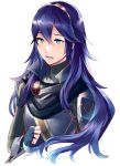  1girl ameno_(a_meno0) armor bangs blue_hair commentary_request crying fingerless_gloves fire_emblem fire_emblem:_kakusei fire_emblem_13 fire_emblem_awakening gloves gold_trim hair_between_eyes intelligent_systems long_hair long_sleeves lucina lucina_(fire_emblem) nintendo sad shiny shiny_hair shoulder_armor simple_background solo tiara turtleneck upper_body white_background 