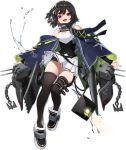  1girl :3 :d anchor azur_lane black_hair black_legwear blue_background blush cannon chain chestnut_mouth closed_eyes clothes_writing cooper_(azur_lane) full_body grin hachimaki headband highres long_sleeves looking_at_viewer multiple_views off_shoulder official_art open_mouth pink_eyes pleated_skirt rigging shisantian short_hair skindentation skirt smile thigh-highs torpedo_tubes transparent_background turret upskirt white_skirt 