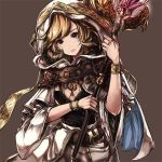  1girl bangs belt blonde_hair bracelet breasts brown_background cape closed_mouth commentary_request fantasy holding holding_staff hood hood_up horns jewelry looking_at_viewer muso-comet original pink_lips short_hair small_breasts solo staff upper_body v-neck violet_eyes wide_sleeves 