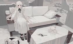  1girl absurdres black_eyes black_ribbon broken closed_mouth couch denki_ryu eyebrows_visible_through_hair flower highres long_hair long_sleeves looking_at_viewer original pillow ribbon rock rose sitting solo table tea_set teapot white_flower white_hair white_rose white_theme 