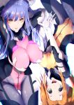  2girls aihara_nana_(platinumhugen_ordian) blue_hair bodysuit breasts brown_hair green_eyes highres impossible_bodysuit impossible_clothes large_breasts multiple_girls nell_maqmahausen open_mouth pink_bodysuit platinumhugen_ordian sakusakusakurai twintails yellow_bodysuit yellow_eyes 