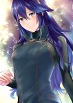  1girl ameno_(a_meno0) bangs blue_hair blue_shirt blush bodysuit breasts closed_mouth commentary_request eyelashes fire_emblem fire_emblem_awakening hair_between_eyes long_hair long_sleeves looking_at_viewer lucina lucina_(fire_emblem) shiny shiny_hair shirt small_breasts smile solo sunlight tiara turtleneck upper_body 
