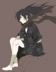  1boy bandaged_arm bandaged_leg bandages bare_legs barefoot black_eyes black_hair black_kimono brown_background brown_scarf closed_mouth dororo_(tezuka) floating_hair full_body hand_on_own_leg high_ponytail hyakkimaru_(dororo) japanese_clothes kimono long_hair long_sleeves looking_to_the_side male_focus maru_(sasayama_chikage) prosthesis sash scarf simple_background sitting solo torn_clothes torn_kimono 