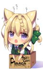  1girl animal_ears blonde_hair blue_neckwear blush box braid braided_bun buttons cat_ears cat_tail commentary_request english_text eyebrows_visible_through_hair fang for_adoption green_vest hair_between_eyes in_box in_container kantai_collection kemonomimi_mode motion_lines necktie open_mouth perth_(kantai_collection) plaid plaid_skirt ringo_sui shirt short_hair short_sleeves simple_background skirt solo tail vest violet_eyes white_background white_shirt 