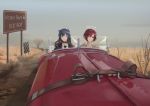  2girls absurdres alternate_costume animal_ears arknights bangs belt_buckle black_jacket blue_hair blurry blurry_background brown_eyes buckle car chinese_commentary cjmy collared_shirt commentary_request convertible driving exusiai_(arknights) grass grey_sky ground_vehicle halo highres jacket long_hair motor_vehicle multiple_girls necktie outdoors parted_lips redhead road_sign shirt short_hair sign texas_(arknights) vehicle_request white_shirt wing_collar yellow_jacket 