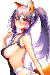  1girl animal_ear_fluff animal_ears apron bare_shoulders black_apron black_hair blush breasts brown_eyes chocolate_on_fingers closed_mouth collarbone commentary_request fox_ears fox_tail from_side hair_ornament hairband hairclip hand_up haruna_(kantai_collection) highres kantai_collection large_breasts long_hair looking_at_viewer nearly_naked_apron no_bra panties ponytail remodel_(kantai_collection) solo tail tsukui_kachou underwear white_panties 