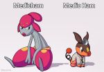  brown_eyes character_name chrisini clothed_pokemon commentary creature english_commentary english_text full_body gen_3_pokemon gen_5_pokemon grey_eyes labcoat looking_at_another medicham no_humans pokemon pokemon_(creature) pun shadow signature simple_background tepig white_background 