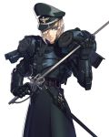  1girl belt black_headwear blonde_hair blue_eyes brown_belt eyebrows_visible_through_hair hair_over_one_eye hat holding holding_sword holding_weapon ikegami_noroshi looking_at_viewer mecha_musume original short_hair solo sword weapon 