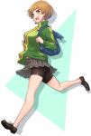  1girl backpack bad_link bag bike_shorts brown_eyes brown_hair green_jacket highres jacket kurosususu open_mouth persona persona_4 pleated_skirt satonaka_chie short_hair shorts shorts_under_skirt simple_background skirt solo track_jacket white_background 