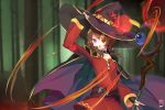  1girl :o bangs belt black_choker blush brown_belt brown_hair cape choker collarbone commentary_request dress eyebrows_visible_through_hair fingerless_gloves gloves hair_between_eyes hat holding holding_staff kono_subarashii_sekai_ni_shukufuku_wo! long_sleeves medium_hair megumin open_mouth red_dress red_eyes sofi3103 solo staff witch_hat 