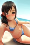  1girl absurdres bangs bare_arms bare_shoulders bikini black_hair blue_bikini blue_sky blush bow breasts brown_bow brown_eyes closed_mouth day eyebrows_visible_through_hair hair_bow highres horizon leaning_to_the_side long_hair looking_at_viewer matsunaga_kouyou navel nose_blush ocean original outdoors side-tie_bikini sky small_breasts smile solo swept_bangs swimsuit water 