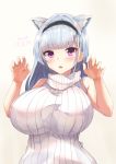  1girl absurdres animal_ears azur_lane blush breasts dido_(azur_lane) eyebrows_visible_through_hair hair_ornament hairband highres huge_breasts kanno_esuto large_breasts long_hair looking_at_viewer open_mouth paw_pose ribbed_sweater silver_hair sleeveless_sweater solo sweater teeth violet_eyes white_sweater 