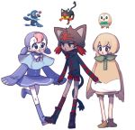  3girls bird black_eyes commentary creature creature_and_personification gen_7_pokemon glasses light_brown_hair litten love-with---pizza multiple_girls open_mouth personification pokemon pokemon_(creature) popplio redhead rowlet short_twintails simple_background standing symbol_commentary twintails walking white_background 