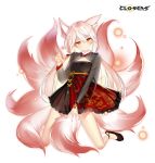  1girl animal_ear_fluff animal_ears black_dress blonde_hair closers dress fingernails flats fox_ears fox_tail frilled_dress frills highres kneeling kumiho long_hair long_sleeves looking_at_viewer low_twintails magic multicolored_hair multiple_tails official_art orb red_eyes see-through_sleeves sharp_fingernails solo tail thighs tina_(closers) twintails two-tone_hair v-shaped_eyebrows very_long_hair 