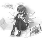  1girl angel_wings arknights crying exusiai_(arknights) grover.y halo highres leggings monochrome mostima_(arknights) photo photo_album sobbing solo squatting tears wings 