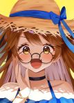  1girl bangs bare_shoulders blue_dress blush brown_hair collarbone commentary_request dbi_dbi dress earrings eyebrows_visible_through_hair fang glasses hat hat_ribbon highres jewelry long_hair looking_at_viewer re:act ribbon shishigami_leona solo summer sun_hat two_side_up virtual_youtuber 