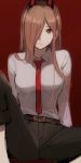 1girl belt black_belt black_pants breasts brown_hair chainsaw_man closed_mouth collared_shirt expressionless eyebrows_visible_through_hair hair_over_one_eye highres large_breasts long_hair long_sleeves looking_at_viewer necktie pants power_(chainsaw_man) red_background red_eyes red_neckwear rrr_ato shirt simple_background solo white_shirt 