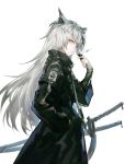  1girl animal_ears arknights bangs black_coat coat commentary cowboy_shot eyebrows_visible_through_hair from_side grey_eyes hair_ornament hairclip hand_in_pocket hand_up high_collar holding huanxiang_heitu lappland_(arknights) long_hair long_sleeves looking_at_viewer silver_hair simple_background solo sword very_long_hair weapon white_background wolf_ears 