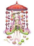  1girl bangs bow doll drum feet food food_fantasy footwear_removed fruit green_shorts hair_bow highres hishi_mochi_(food_fantasy) hishimochi holding holding_doll instrument japanese_clothes kimono lantern long_hair long_sleeves looking_at_viewer mallet multicolored_hair official_art peach pink_eyes scissors shorts sitting solo streaked_hair striped striped_bow tachi-e thigh-highs thread very_long_hair white_hair white_legwear wide_sleeves yarn yarn_ball 