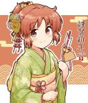  1girl 2020 abe_nana alternate_costume blush brown_eyes brown_hair closed_mouth eyebrows_visible_through_hair green_kimono hemoglosso idolmaster idolmaster_cinderella_girls japanese_clothes kimono looking_at_viewer protected_link short_ponytail smile solo translation_request 