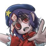  1girl avatar_icon beret blue_hair chamaji commentary eyebrows_visible_through_hair hat jiangshi looking_at_viewer lowres miyako_yoshika neck_ribbon ofuda open_mouth outstretched_arms red_eyes red_shirt ribbon sharp_teeth shirt short_hair short_sleeves signature solo star teeth touhou upper_body white_background zombie_pose 