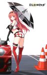  1girl ass bare_shoulders belt boots breasts car checkered closers crop_top cropped_vest elbow_gloves gloves grin ground_vehicle hairband high_heel_boots high_heels holding holding_umbrella long_hair looking_at_viewer looking_back luna_aegis_(closers) midriff motor_vehicle official_art racequeen redhead short_shorts shorts single_thighhigh sleeveless smile solo standing thigh-highs thigh_boots thighs traffic_cone umbrella v-shaped_eyebrows violet_eyes 