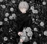  1boy absurdres bishounen black_sweater bouquet closed_mouth denki_ryu flower hair_between_eyes highres holding holding_bouquet leaf male_focus original rose solo standing sweater white_eyes white_flower white_hair white_rose 
