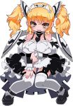 1girl apron arm_grab black_footwear black_neckwear blonde_hair blush brave_sword_x_blaze_soul breasts detached_collar detached_sleeves eyebrows_visible_through_hair full_body garter_straps headdress large_breasts long_hair looking_at_viewer maid maid_apron maid_headdress necktie official_art open_mouth showgirl_skirt simple_background solo strappy_heels thigh-highs twintails white_background white_legwear wings yellow_eyes zankuro 