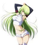  1girl arm_warmers armpits arms_up bare_shoulders breasts c.c. code_geass commentary_request cowboy_shot crop_top green_hair highres long_hair looking_at_viewer medium_breasts midriff navel open_fly shirt short_shorts shorts simple_background sleeveless sleeveless_shirt solo stomach thigh-highs thigh_gap thighs very_long_hair white_background white_legwear white_shirt white_shorts yellow_eyes yu-ta 