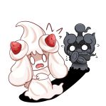  /\/\/\ alcremie commentary creature english_commentary eye_contact full_body gen_7_pokemon gen_8_pokemon looking_at_another marshadow marshadow_(gloom) no_humans pokemon pokemon_(creature) shadow simple_background stelledair white_background 
