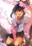  1girl barefoot black_hair black_skirt blue_neckwear blush cardigan cherry_blossoms collarbone dark_skin eyebrows_visible_through_hair highres kneeling konbu_wakame long_sleeves looking_at_viewer medium_hair neckerchief open_mouth original school_uniform short_sleeves skirt smile solo yellow_eyes 