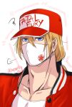  1boy baseball_cap blonde_hair blue_eyes commentary_request fatal_fury fatal_fury_cap hat jacket male_focus mask mouth_mask papurika0u0 ponytail solo terry_bogard the_king_of_fighters 