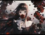  1girl black_hair blush bow covering_mouth daby eyebrows_visible_through_hair flower hair_bow holding holding_flower long_hair long_sleeves looking_at_viewer original red_flower red_rose rose solo very_long_hair white_bow 