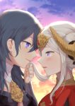  2girls black_hair blue_eyes blush byleth_(fire_emblem) byleth_eisner_(female) closed_mouth clouds edelgard_von_hresvelg fire_emblem fire_emblem:_three_houses from_side fukuroumori gradient_sky headpiece highres holding_another&#039;s_hair horns long_hair looking_at_another multiple_girls outdoors parted_lips profile sidelocks silver_hair sky smile star_(sky) tied_hair upper_body violet_eyes yuri 