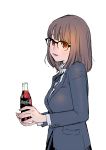  1girl bangs blazer blunt_bangs bottle breasts brown_hair coca-cola cola collared_shirt commentary glasses highres holding_drink jacket looking_at_viewer medium_breasts medium_hair orange_eyes original peco_(pockleberry) pleated_skirt ribbon school_uniform shirt skirt solo uniform white_background 