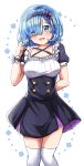  1girl :d alternate_costume alternate_hairstyle amai-tapioca arm_behind_back black_hairband blue_eyes blue_hair blush breasts collarbone dress eyes_visible_through_hair hair_ornament hair_over_one_eye hairband large_breasts looking_at_viewer medium_hair open_mouth re:zero_kara_hajimeru_isekai_seikatsu rem_(re:zero) ribbon smile solo thigh-highs upper_teeth white_legwear 