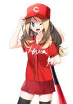  1girl ;d baseball_bat baseball_cap black_legwear blue_eyes brown_hair collarbone cowboy_shot floating_hair hat highres long_hair looking_at_viewer low-tied_long_hair miniskirt one_eye_closed open_mouth pleated_skirt pokemon pokemon_(game) pokemon_xy red_headwear red_shirt red_skirt serena_(pokemon) shirt short_sleeves simple_background skirt smile solo standing thigh-highs very_long_hair white_background yuihiko zettai_ryouiki 