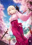  1girl :d ahoge arm_guards arm_up bangs banner black_bow blonde_hair blue_sky blush bow breasts cherry_blossoms commentary_request day eyebrows_visible_through_hair fate/grand_order fate_(series) feet_out_of_frame from_below gabiran hair_bow hakama hip_vent holding holding_sword holding_weapon japanese_clothes katana kimono koha-ace light_rays long_sleeves looking_at_viewer medium_breasts okita_souji_(fate) okita_souji_(fate)_(all) open_mouth outdoors pagoda petals pink_bow pink_hakama pink_kimono round_teeth sheath sheathed short_hair sky smile solo spring_(season) sunbeam sunlight sword teeth tree upper_teeth walking weapon wide_sleeves yellow_eyes 