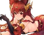  1girl animal_ears anthuria bangs bare_shoulders black_gloves blush breasts detached_sleeves dress elbow_gloves erune eyebrows_visible_through_hair gloves granblue_fantasy hair_between_eyes hair_ornament koretsuki_azuma large_breasts long_hair looking_at_viewer lying on_stomach red_dress red_eyes redhead sideboob simple_background single_elbow_glove solo white_background 