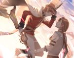  2boys antique_firearm brown_eyes brown_hair cape chef_uniform firearm food_fantasy gloves gun hat long_hair military military_hat military_uniform multiple_boys napoleon_cake_(food_fantasy) pastel_de_nata_(food_fantasy) ponytail shako_cap short_hair uniform weapon 