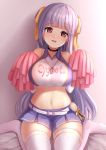  1girl :d azur_lane bangs bare_shoulders bed_sheet belt black_choker blue_skirt blunt_bangs blush breasts character_name cheerleader choker clothes_writing commentary_request crop_top cygnet_(azur_lane) cygnet_(royal_fanfare)_(azur_lane) eyebrows_visible_through_hair gradient gradient_background grey_background hair_ribbon head_tilt heart holding large_breasts long_hair looking_at_viewer manda_(manda9n) midriff miniskirt navel no_shoes open_mouth pleated_skirt pom_poms red_eyes ribbon round_teeth shirt silver_hair sitting skirt sleeveless sleeveless_shirt smile solo stomach straight_hair teeth thigh-highs two_side_up upper_teeth very_long_hair wariza whistle whistle_around_neck white_legwear yellow_ribbon zettai_ryouiki 