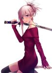  1girl applekun asymmetrical_hair bangs black_legwear blue_eyes closed_mouth dress fate/grand_order fate_(series) hair_ornament highres holding holding_sword holding_weapon katana looking_at_viewer miyamoto_musashi_(fate/grand_order) nail_polish off-shoulder_sweater off_shoulder red_lips red_nails red_sweater silver_hair simple_background sitting sleeves_past_wrists smile solo sweater sweater_dress swept_bangs sword thigh-highs tied_hair weapon white_background zettai_ryouiki 