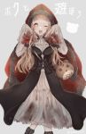  +_+ 1girl akitama2727 arms_up artist_name bag bangs belt black_footwear blonde_hair blunt_bangs blush boots breasts brown_belt capelet dress fur_trim grey_background happy highres hood hooded_capelet little_red_riding_hood_(sinoalice) long_hair long_sleeves looking_at_viewer medium_breasts one_eye_closed open_mouth red_capelet red_hood shoulder_bag simple_background sinoalice sleeves_past_fingers sleeves_past_wrists solo standing wavy_hair yellow_eyes 
