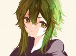  1girl black_shirt commentary expressionless gomiyama green_eyes green_hair gumi looking_to_the_side portrait shirt short_hair_with_long_locks sidelighting sidelocks sketch solo symbol_commentary vocaloid 