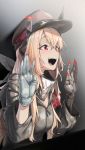  1girl armband blush girls_frontline gloves hair_between_eyes happy hat headgear highres light_brown_hair long_hair m4_sopmod_ii_(girls_frontline) mechanical_arm open_mouth peaked_cap red_eyes scarf sd_bigpie single_glove solo teeth upper_body white_gloves 