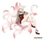  1girl animal_ear_fluff animal_ears bare_legs black_dress blue_eyes closers dress fox_ears fox_tail full_body high_heels highres knee_up kumiho long_hair long_sleeves looking_at_viewer low_twintails multiple_tails official_art see-through_sleeves seulbi_lee smile smirk solo tail thighs tongue tongue_out twintails v-shaped_eyebrows very_long_hair wedge_heels white_hair 
