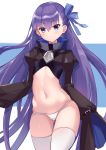  1girl absurdres blue_ribbon commentary_request eol_9 eyebrows_visible_through_hair fate/extra fate/extra_ccc fate_(series) hair_between_eyes hair_ribbon highres long_hair long_sleeves looking_at_viewer meltryllis navel panties purple_hair ribbon sleeves_past_fingers sleeves_past_wrists solo standing stomach thigh-highs underwear very_long_hair white_legwear white_panties 