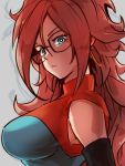  1girl android_21 black-framed_eyewear blue_eyes breasts dragon_ball dragon_ball_fighterz earrings glasses grey_background hoop_earrings jewelry kemachiku large_breasts long_hair looking_at_viewer redhead simple_background solo upper_body 