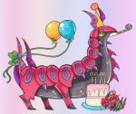  ^_^ balloon birthday birthday_cake cake closed_eyes commentary creature eating english_commentary food full_body gen_5_pokemon hat no_humans papillonthepirate party_hat pokemon pokemon_(creature) purple_background scolipede simple_background standing traditional_media venipede yellow_eyes 